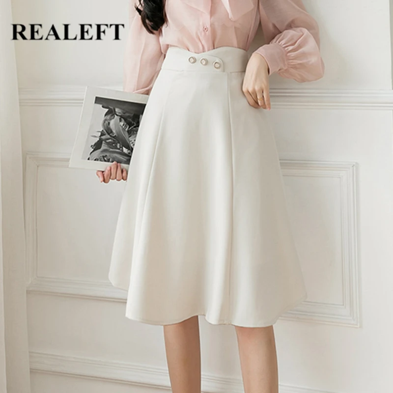 REALEFT 2021 New Elegant Women's A-Line Skater Skirts High Waist Solid Buttons Office Ladies Casual Midi Skirts Spring Autumn