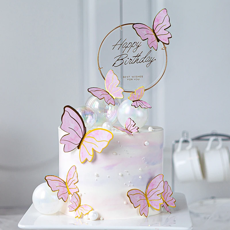 Suit Pink Blue Butterfly Cake Topper Dessert Birthday Happy Party Wedding Picks Artificial Flower Beauty Cake Flags Baby Shower