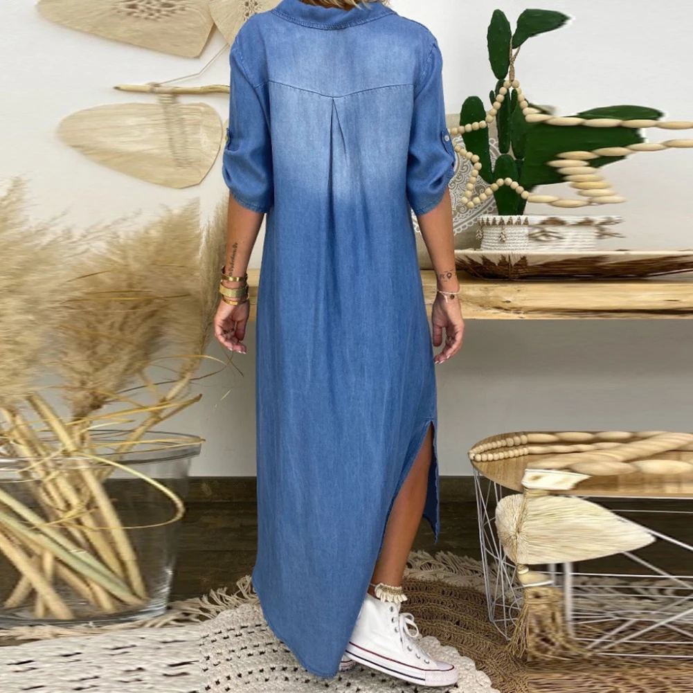 Women Loose Dress Vintage Summer V Neck Half Sleeve Side Slitting Hem Loose Long Denim Dress Hem Loose Long Denim Dress