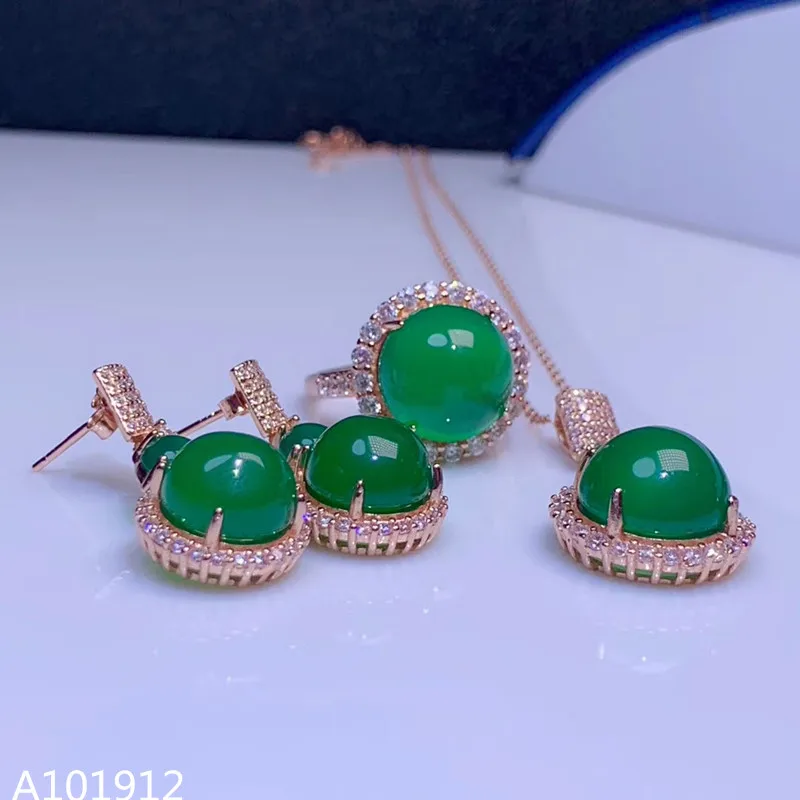 

KJJEAXCMY boutique jewelry 925 sterling silver natural green chalcedony gemstone ladies earrings ring necklace pendant 3 set sup