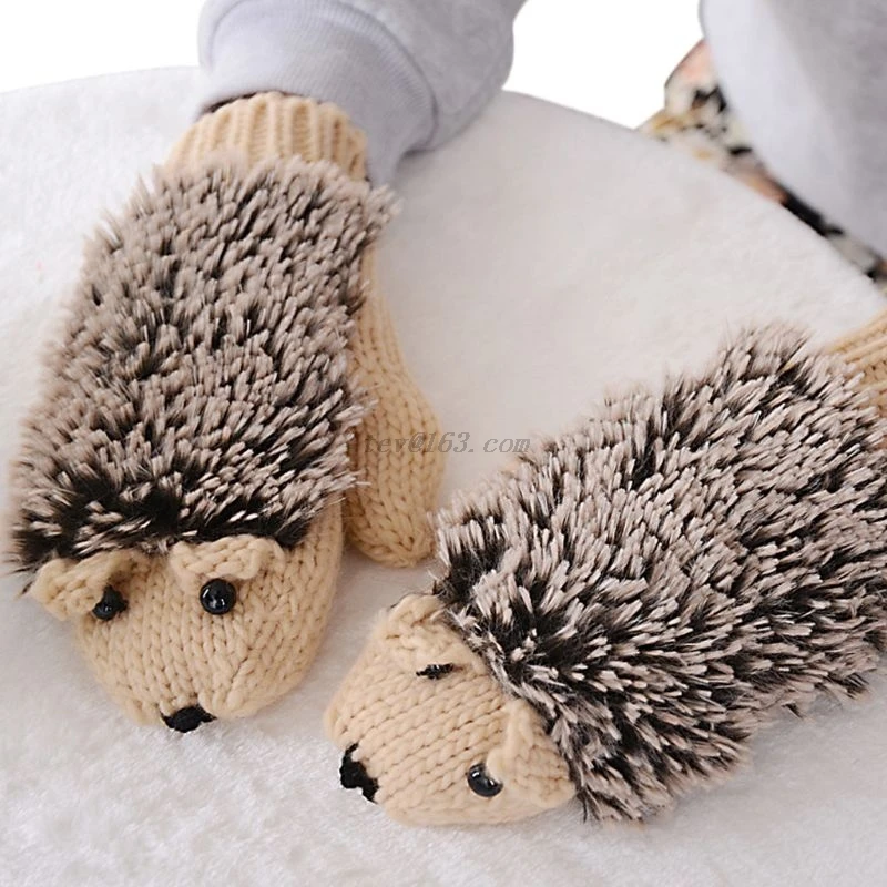 

Womens Cartoon Hedgehog Gloves Thicken Winter Hand Warmer Knitted Wrist Mittens