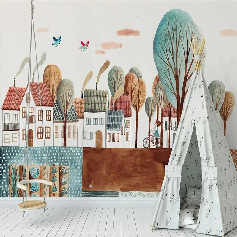 Custom Any Size Mural Wallpaper 3D Cartoon Small Town Children's House Background Wall Painting Abstract Papel De Parede Sala 3D