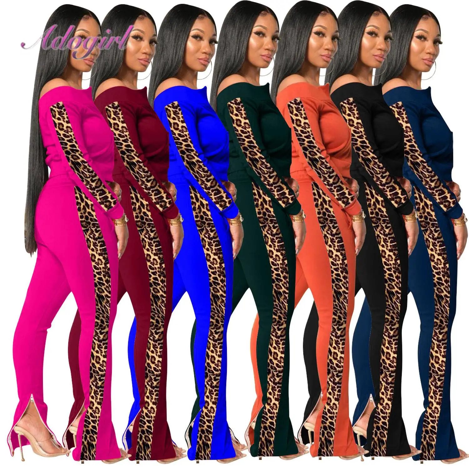 Women Leopard Print Two Piece Set Casual Long Sleeve Slash Neck Zipper Jacket Tops Split Side Pants Suit Outfit Street Tracksuit