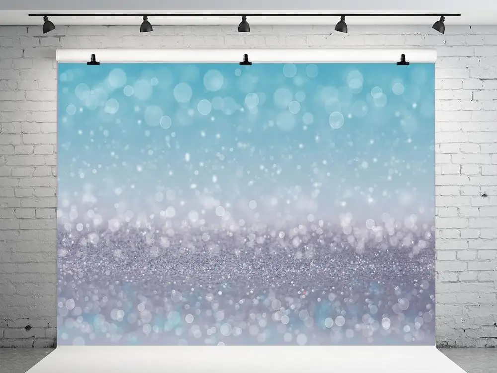 VinylBDS 7x5ft Light Blue Glitter Photography Backdrop Bokeh Blurry Backdrops Glitter Spots Backgrounds