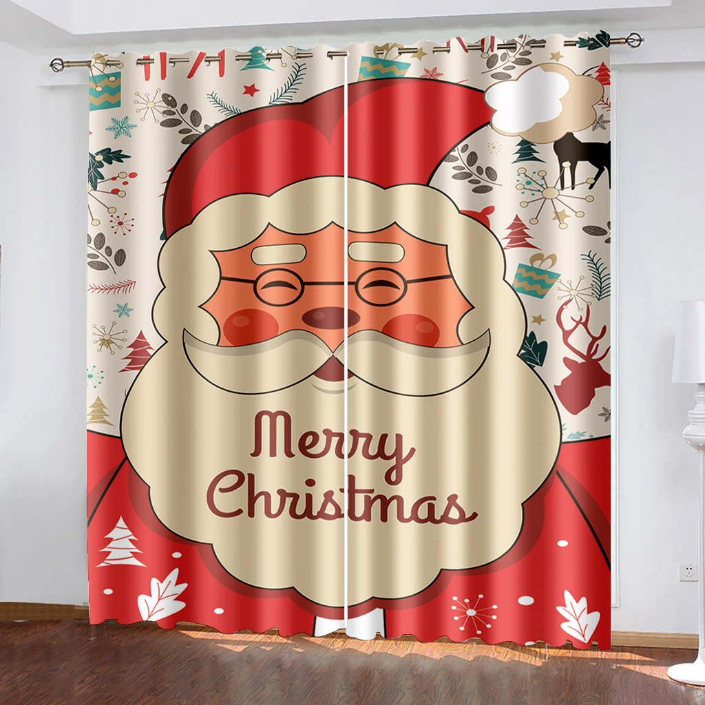 Cartoon Large Image Santa Claus Kawaii Curtain Decoration Christmas Festive Atmosphere Curtain Elk Christmas Tree Pattern