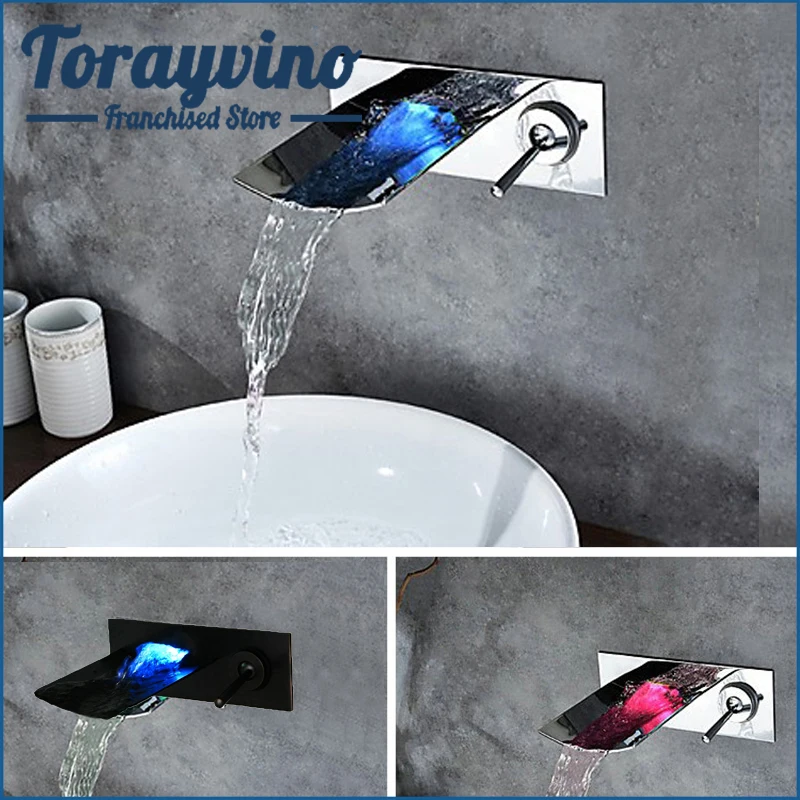 

Torayvino Bathroom wall waterfall sink faucet robinet lavabo led robinet mitigeur chrome & black waterfall tap mixer faucets