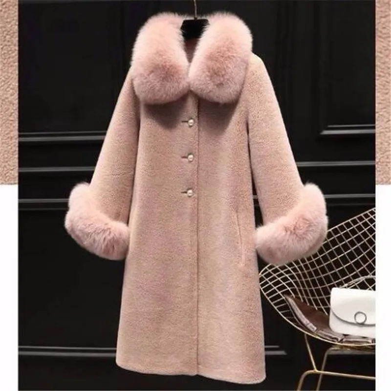 2024 New Classic Faux Fur Coat Women's Mid-length Style Fox Fur Collar Imitation Sheep Shearing Particles Loose Women's Clothing