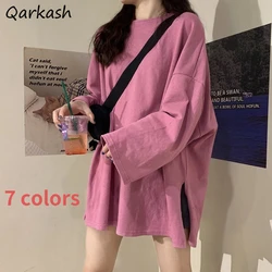 Long Sleeve T-shirts Women Solid Split Minimalist Korean Style Students All-match Spring Casual Basic Sweet 7 Colors Loose Ins