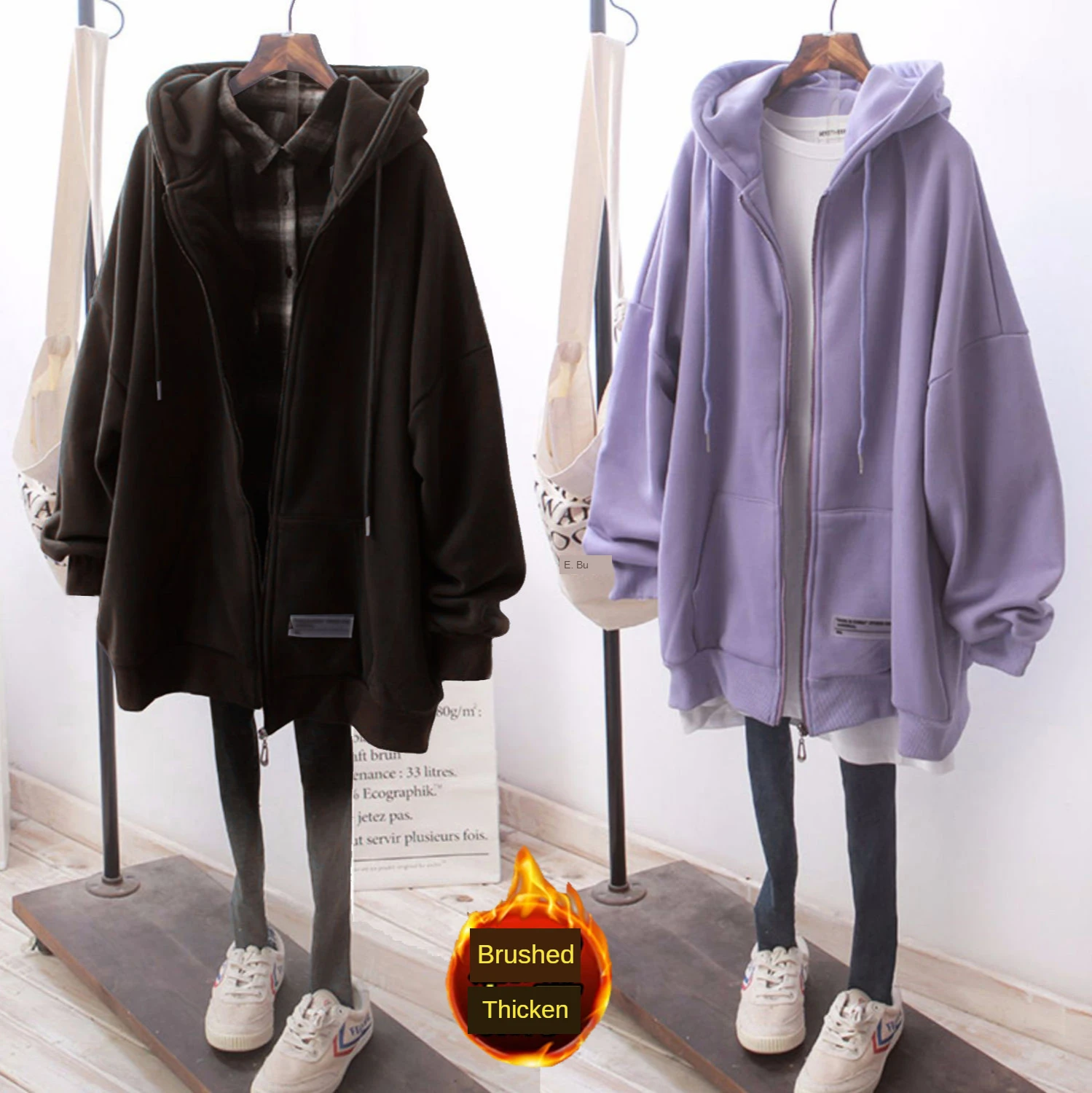 Sudadera con capucha holgada para mujer, suéter grueso cepillado de estilo coreano, chaqueta de lana de gran tamaño, talla grande, Otoño e Invierno