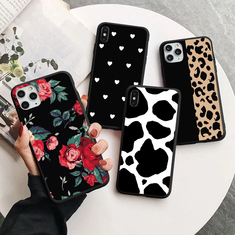 Black White Crack Love Leopard Flower Case For Xiaomi Redmi Note 10 9 8 Pro 10S 9S 9T 9C 9A 8T 8A 7 7A Poco X3 NFC F3 5G Cover