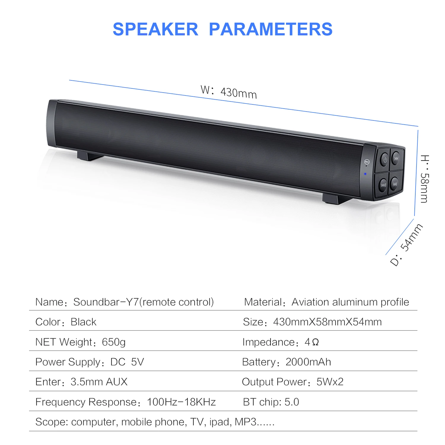 Wireless Remote Control Soundbar Y7 Bluetooth Speaker with High-quality Sound, 2x Speakers + 2 Diaphragm, and 5Wx2 output power