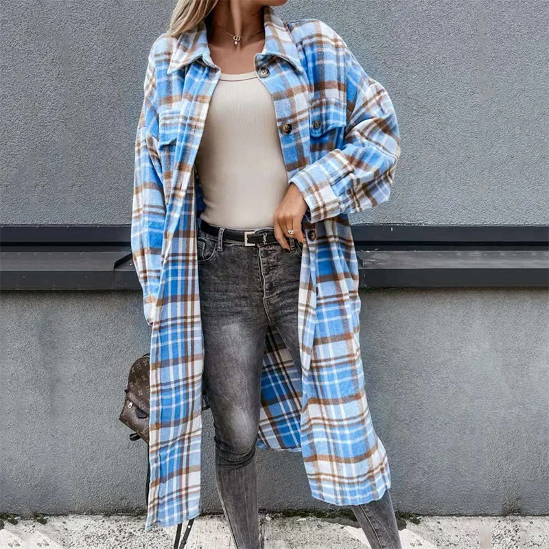 Autumn Plaid Jacket Women European American Overshirt Long Checkered Shirt Jacket Fashion Single-Breasted Plaid Shirt Cardigan