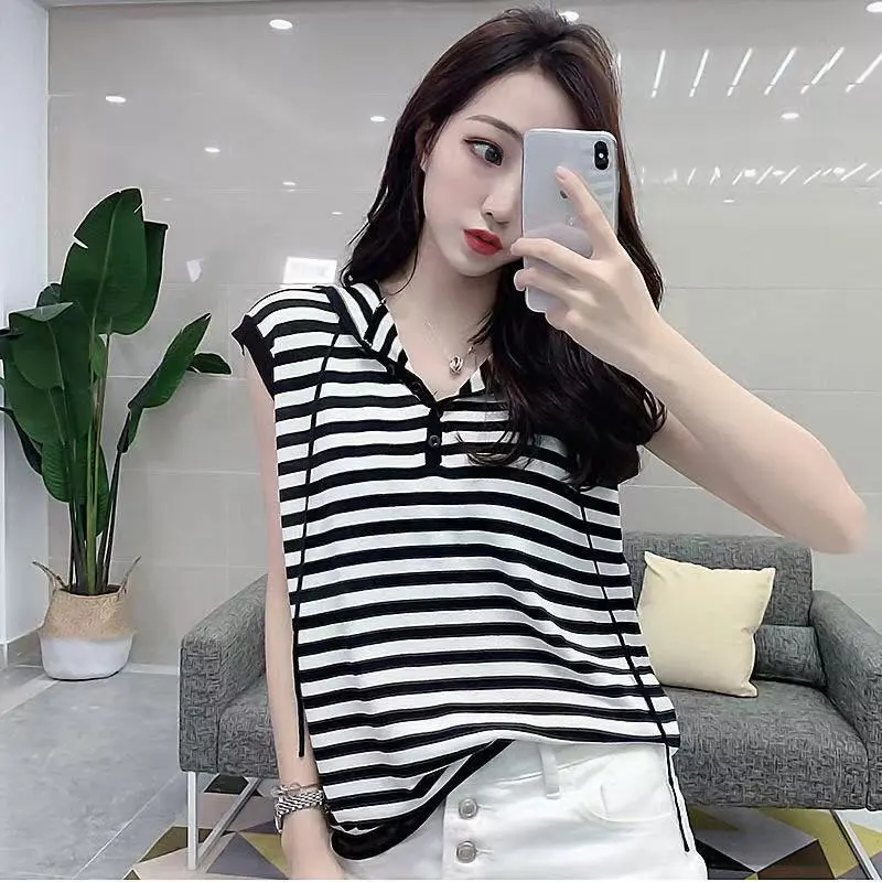 2021 Summer Fashion Women's New Korean Hooded Tank Tops Female Casual Striped V-Neck Tshirts Mujer Loose Cotton Tees