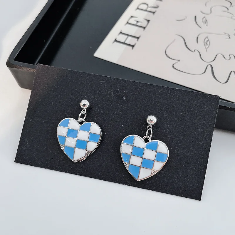 Chess Checkered Heart Earrings Fashion Retro Love Pendant Necklace Women Personality Girl Blue Black Earring necklace set