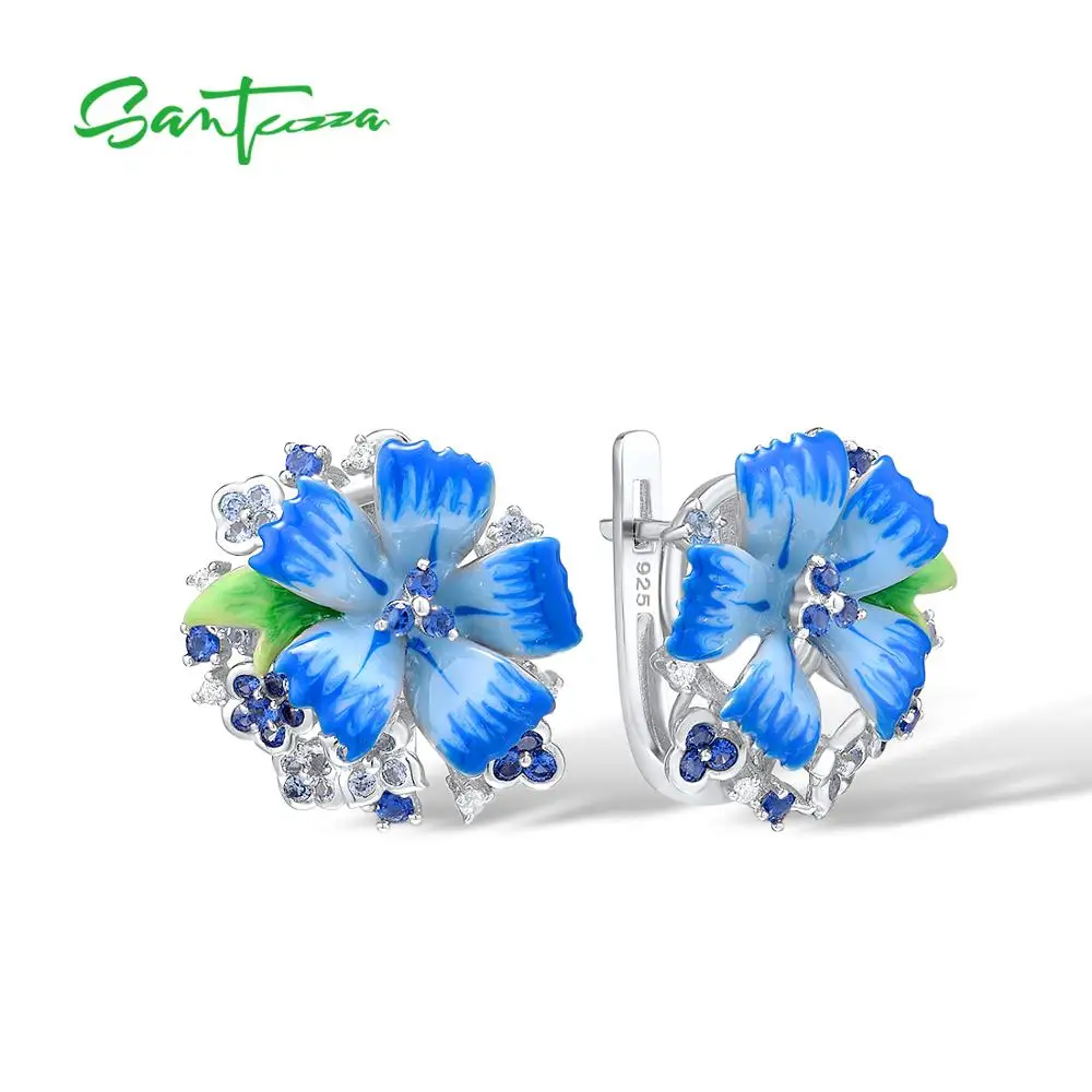 SANTUZZA Silver Earrings For Women Pure 925 Sterling Silver Blue Flower Trendy Gift Party Fine Jewelry Handmade Enamel