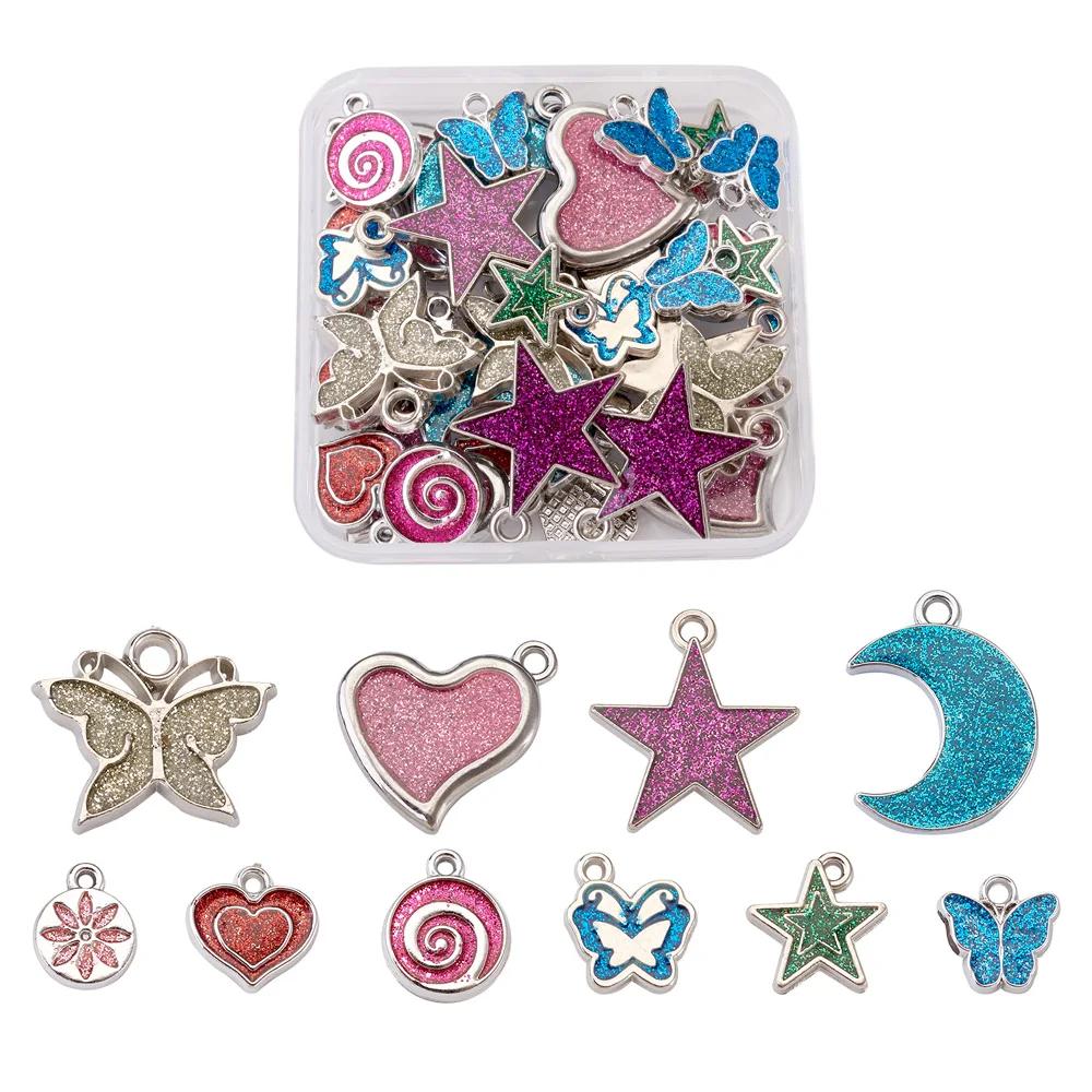 

40pcs/Box CCB Plastic Pendants with Glitter Powder Mixed Shapes for Jewelry Making DIY Mixed Color,