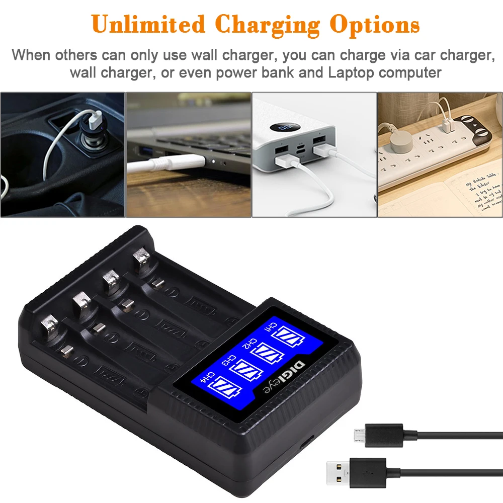 شاحن بطارية LCD USB AA & AAA سريع 4-Bay شاحن بطارية فردي ذكي لبطاريات AA/AAA Ni-MH Ni-CD القابلة لإعادة الشحن
