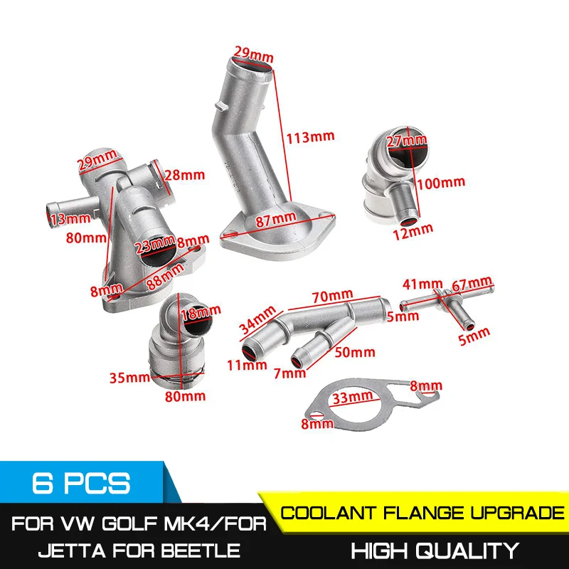 Car Aluminum Coolant Flange Upgrade Kit 6pcs/set For VW Golf MK4 For Audi TT 2000-2002 06A121133J For Jetta GTI 1.8T 2000-2005