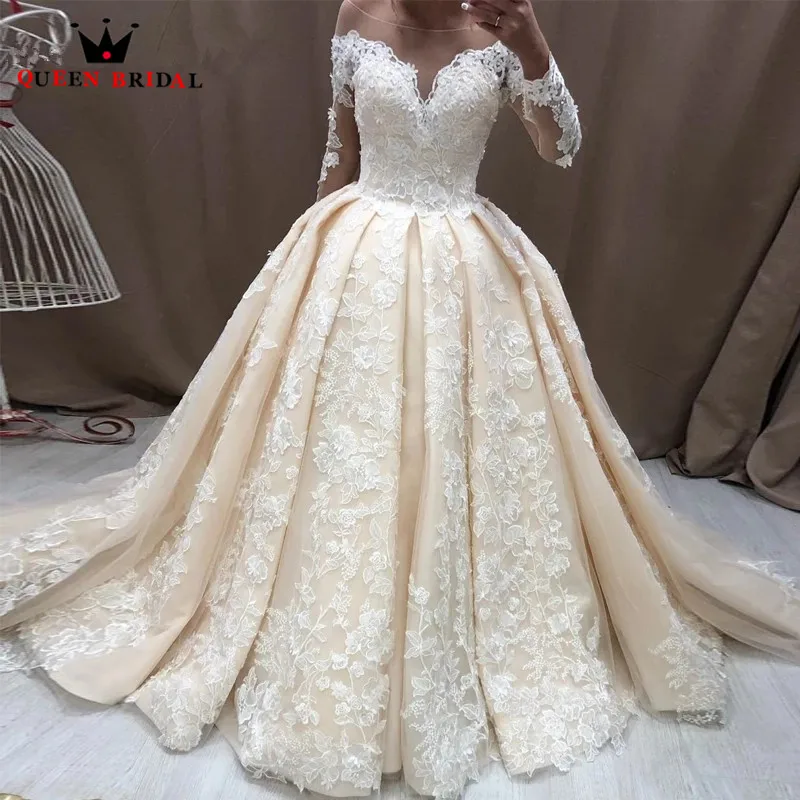 

Luxury Ball Gown Wedding Dress Long Sleeve Tulle Lace Flowers Appliques Bride Dresses DJ02