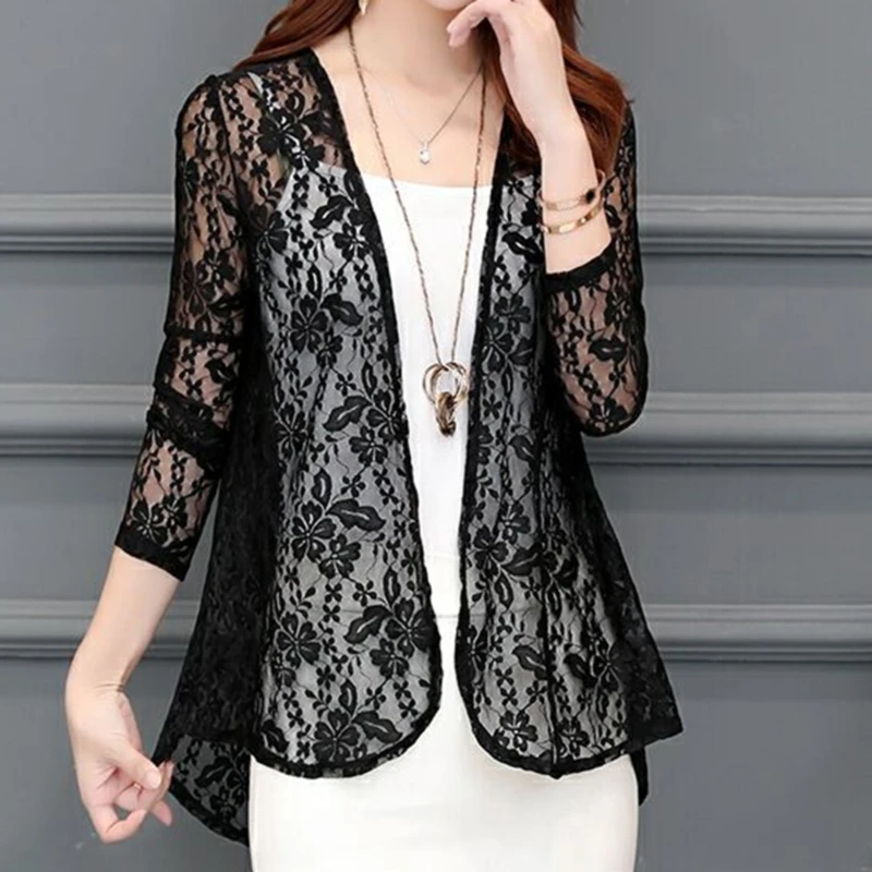 Shawl Jacket Summer Short Blouse Sun Protection Clothing Outside Thin Section Cardigan Long Sleeve Lace Wild Blouse Shirt 2023