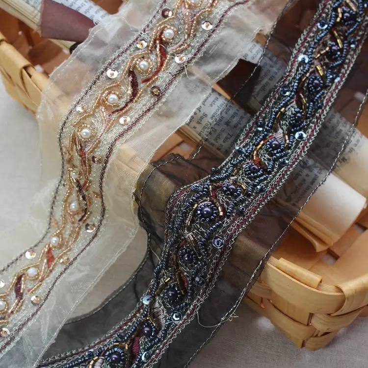 Wide 7CM national style European root yarn beaded lace trim clothing accessories DIY belt headwear Mesh Beaded Lace material