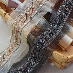 Wide 7CM national style European root yarn beaded lace trim clothing accessories DIY belt headwear Mesh Beaded Lace material