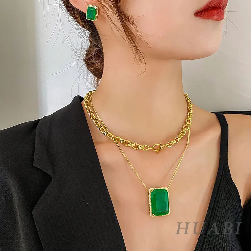 2023 Copper Green Explode Big Stone AAA Cubic Zirconia Stud Earrings Pendant Necklaces Jewelry Sets Women's Fashion Sets Gift