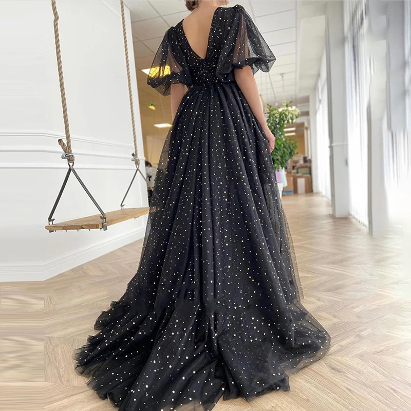 Sevintage Black Starry Tulle Prom Jurken Half Puff Mouwen Wedding Party Jurken Pleats Split Sweep Trein Lange Prom Jassen Riem