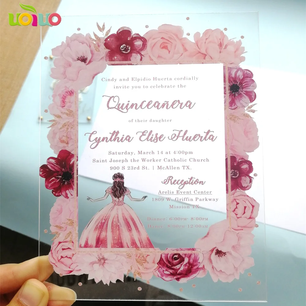 10pcs Colorful Printing Flower Quinceanera Invitation Card Acrylic Custom Wordings Birthday Invites image 5
