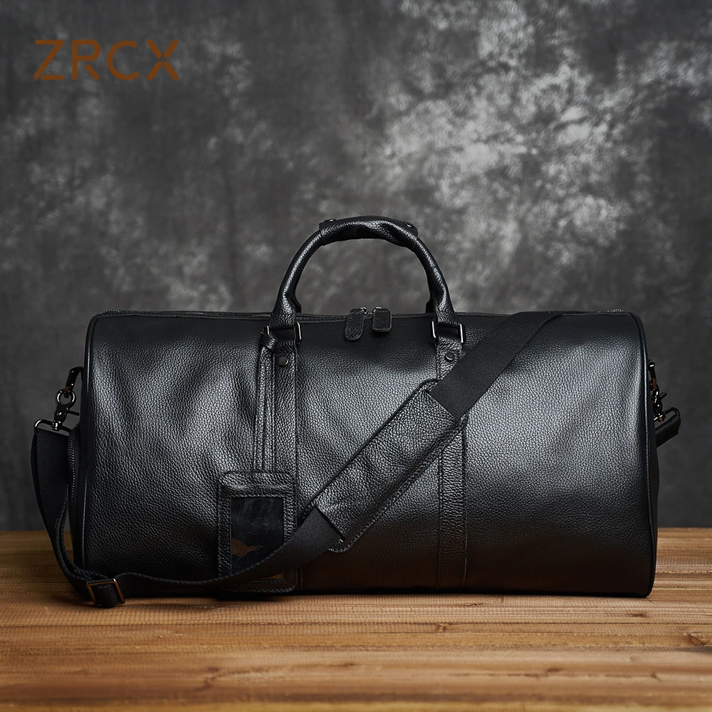 Zrcx bolsa de viagem de couro genuíno, bolsa de mão macia couro de vaca genuíno para homens e mulheres, bolsa de ombro para viagem, bolsa de fim de semana