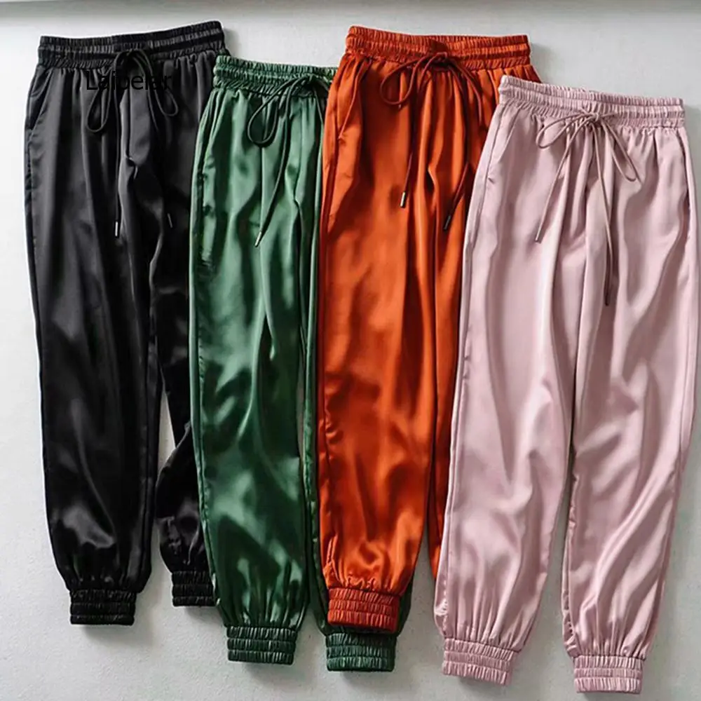 Nők sweatpants nadrágot Női tömör Szatén nadrágot húzózsinórral nadrágot Nadrág Ingó- Lezser joggers Sportág nadrágot