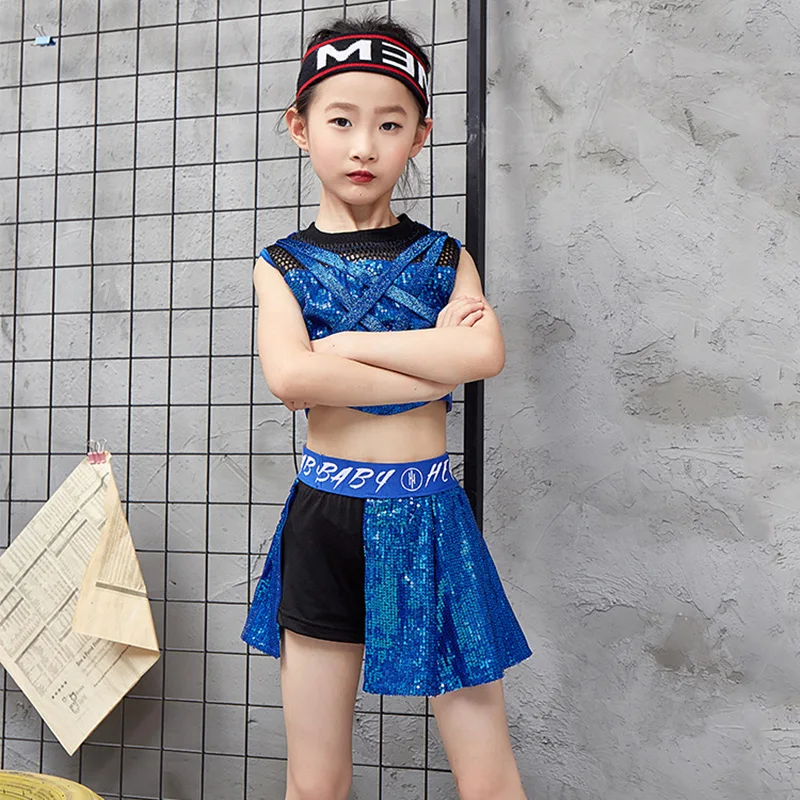 Green Children Sequin Hip Hop Dance Costume Sparkly Stage Jazz Dance Costumes Suit Girls Performance Outfits Clothing