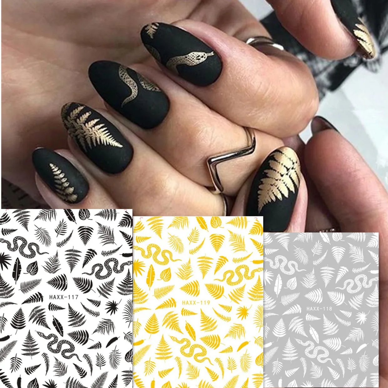 

Newest Black Gold Leaves Snake Design Back Glue Decal Stamping DIY Decoration Tools Nail Sticker HAXX 117 118