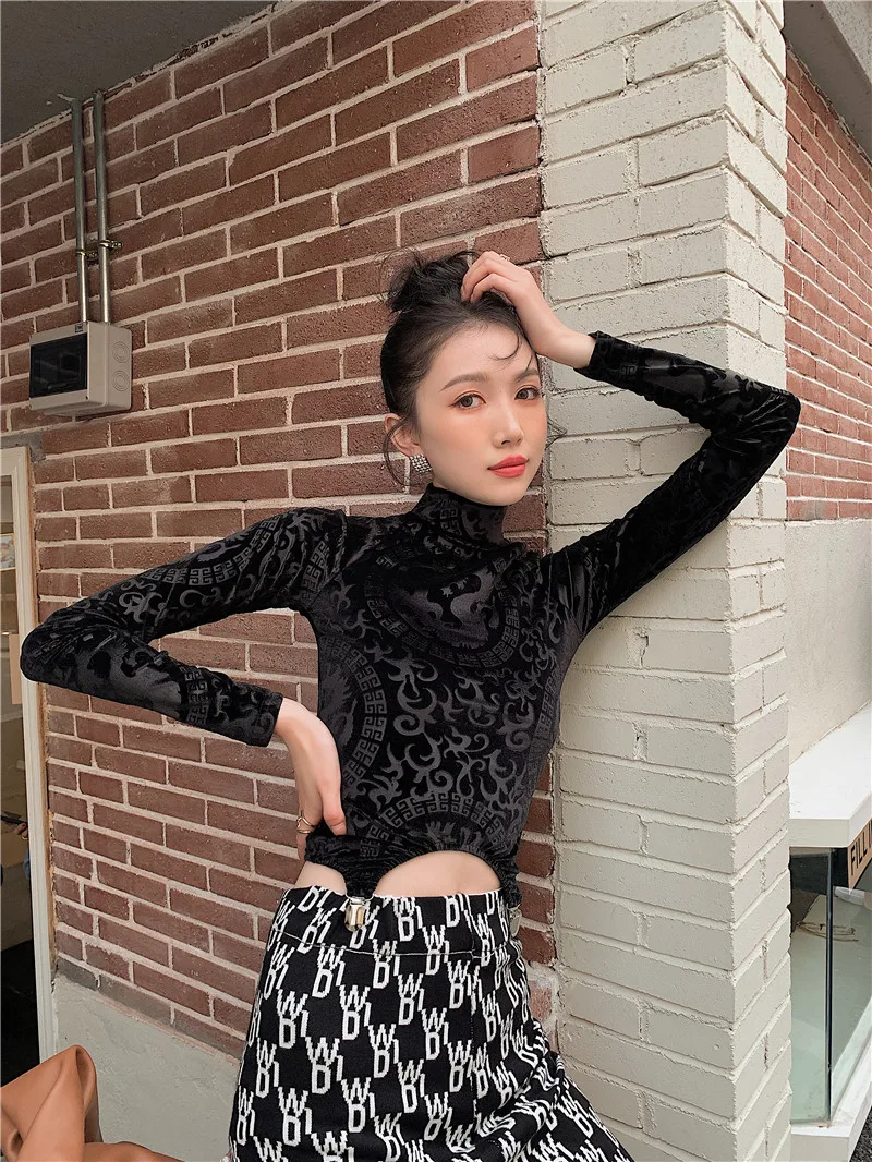 CHEERART Dragon Print Asymmetrical Velvet Crop Top Long Sleeve T Shirt Turtleneck Women Bodycon Tee Shirts Fashion Ladies Top