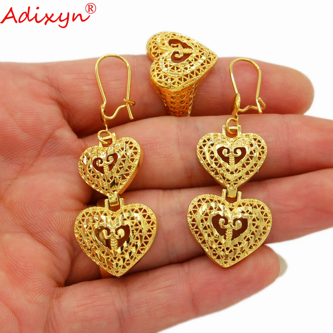 Adixyn Heart Shape Necklace Bracelet Earrings Ring Set Jewelry For Women Gold Color Luxury Dubai African Party Gifts N03103