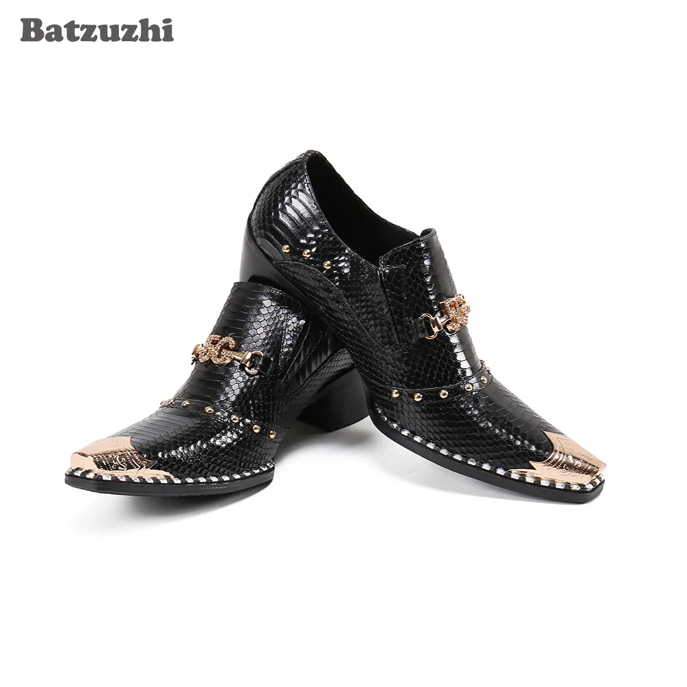 

Batzuzhi Luxury Handmade Black Genuine Leather Dress Shoes Men Pointed Metal Toe Men's Leather Shoes Business 6.5cm High Heels