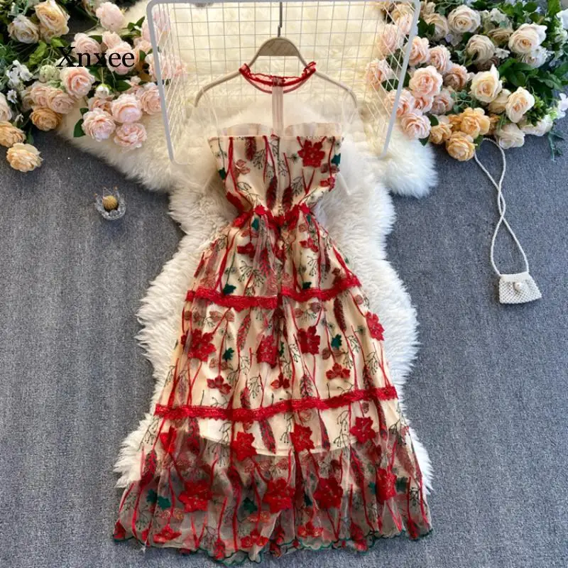 Summer 3D Flower Embroidery Fairy Dress Women Elegant Flower Mesh Female Lace Party Holiday Long Dresses Vestido Clothing