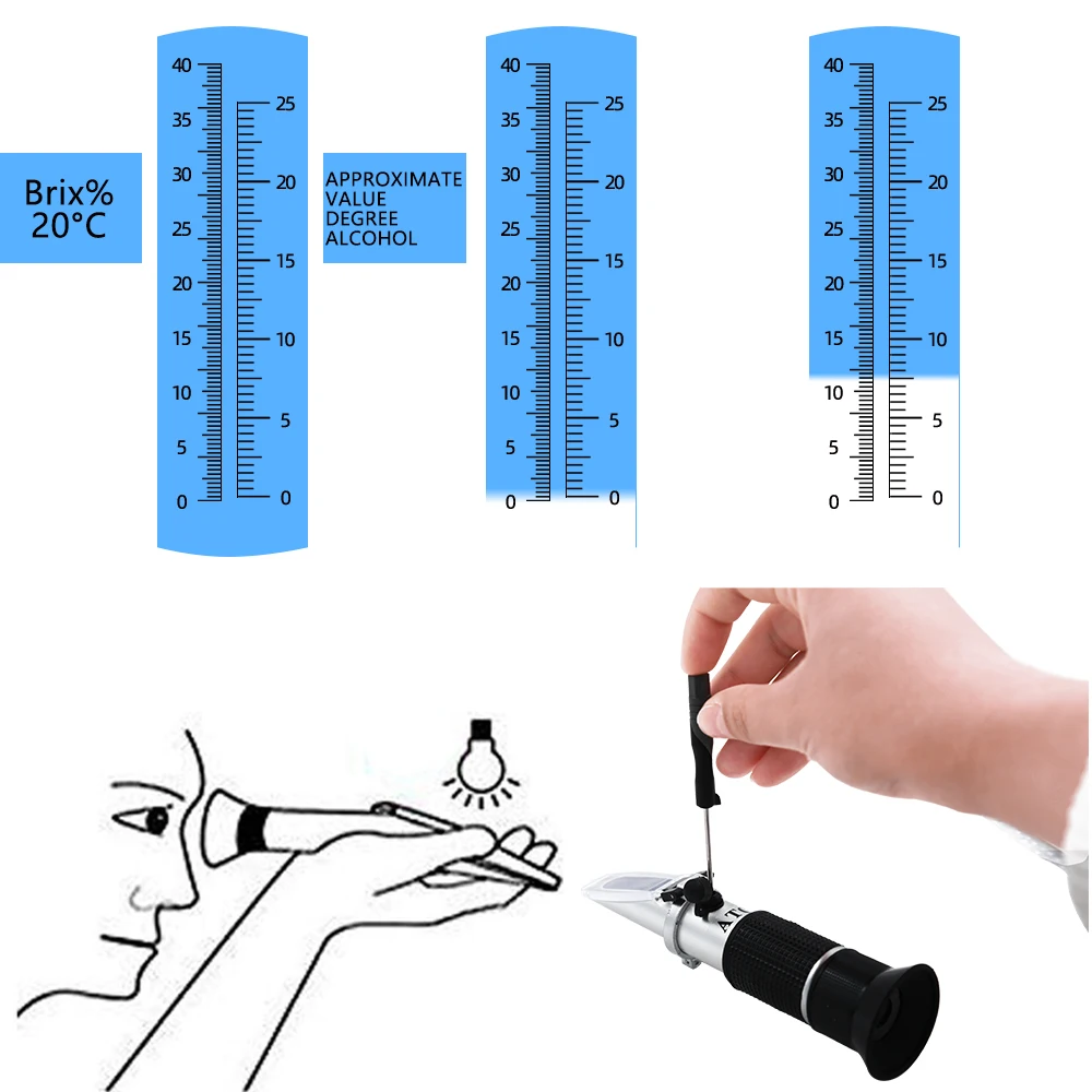 Handheld Alcohol Refractometer Alcohol Specific Gravity Refractometer Hydrometer Brix 0-40% Wort Sugar Alcohol 0-25% Dual Scale