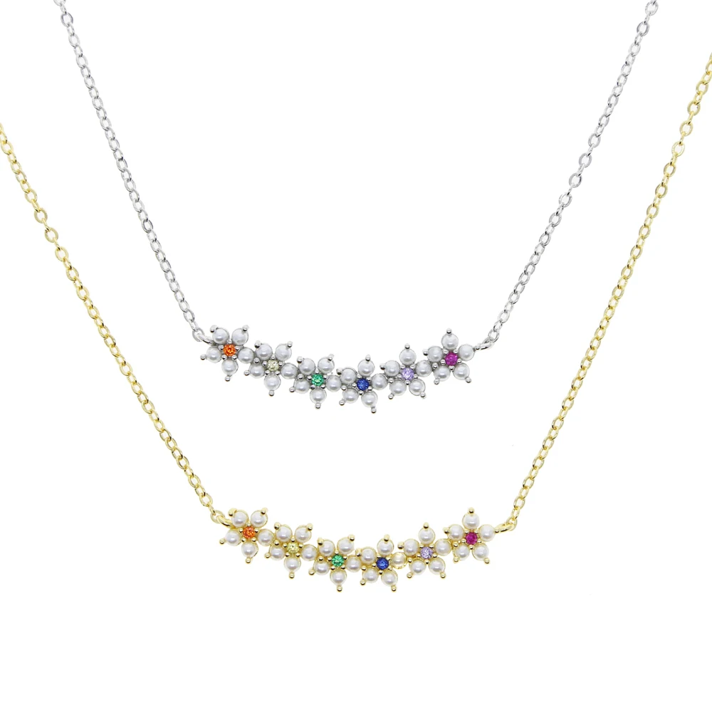 

Women Dainty Jewelry Rainbow Beaded Flower Design Charm Necklace Pave 5A Cubic Zirconia Pearl Jewelry Women Girls Link Chain