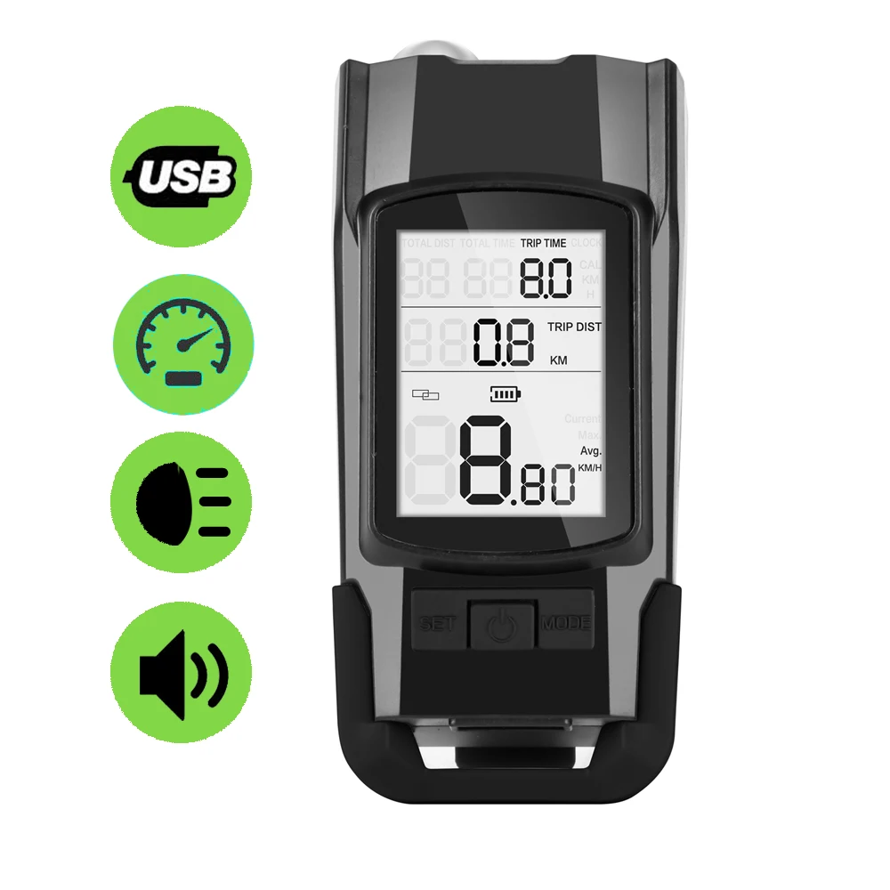 Waterproof Bike Computer 3 in 1 800LM Headlight 120DB Speaker Horn 3 in 1 Wireless Cycling Bicycle Odometer Speedometer