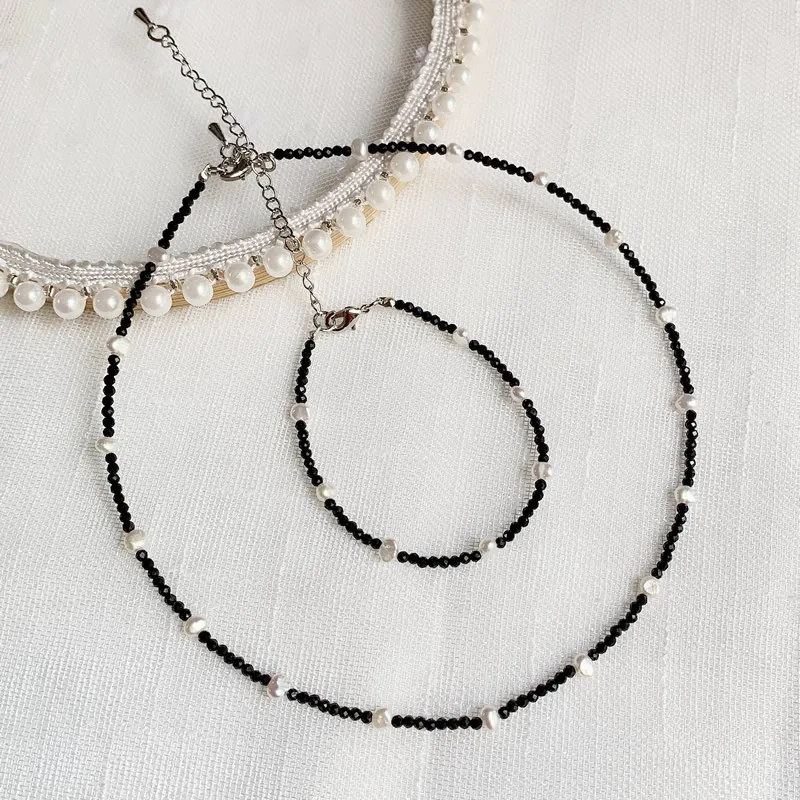 Fashion Healing Jewelry 2MM Small Black Obsidian Stone Crystal Necklace Natural Freshwater Baroque Pearl Choker Short Collier