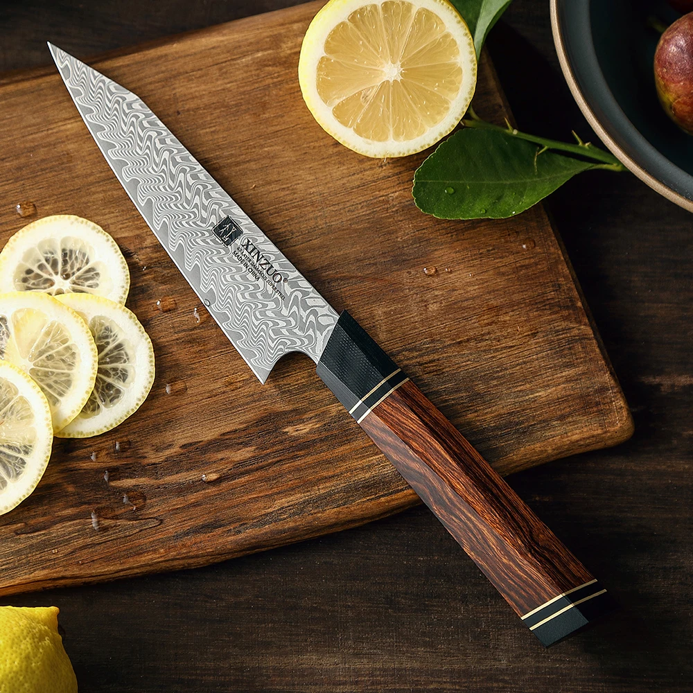 XINZUO 5.3 Inches Japanese Style Damascus Steel Utility Knife Peeling Paring Knife Ironwood Handle Wood Box Kitchen Accessories