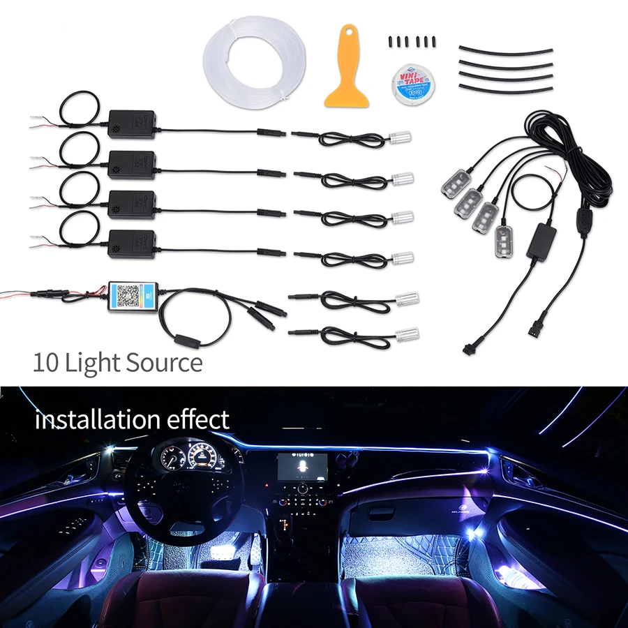 Car Ambient Light Foot Lamp RGB (6 + 4) with 8M Optical Fibre 64colors Led Wireless No Threading App Control