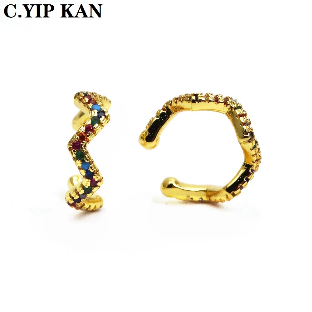 C.YIPKANU-shaped gold-plated ear clip copper micro inlay color zircon curved round point curved earmuff non hole earring ear bon