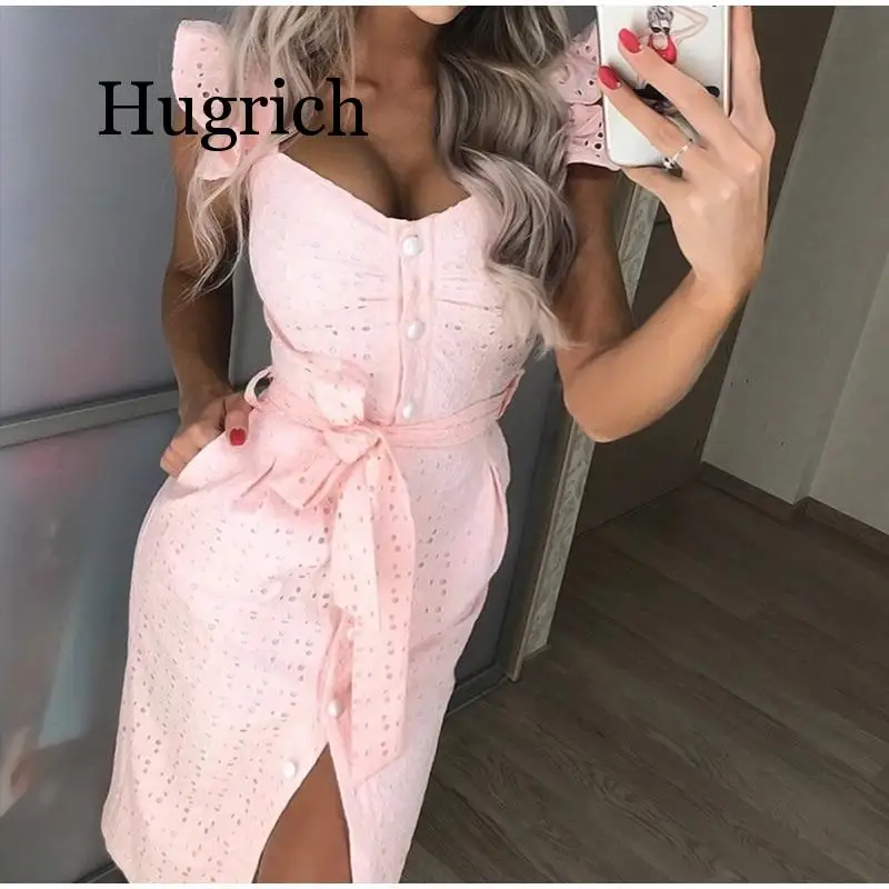 Women White Dress Lace Up Sexy Midi Vestidos Ruffles Sleeveless Bodycon Female Dresses 2020 Buttons Belt Elegant Ladies Clothes