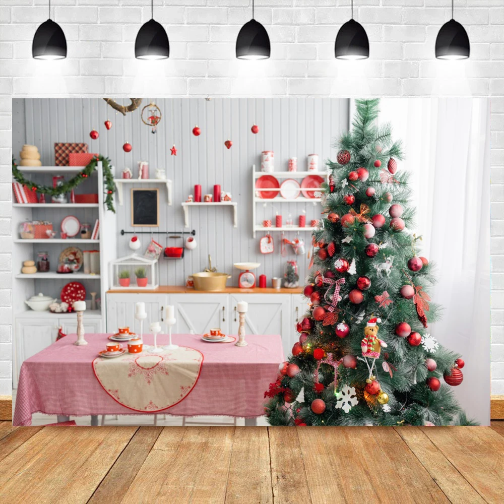 Kitchen Cupboard Christmas Party Festival Decor Interior Photocall Photography Background Wood Wall Family Party Photo Backdrop