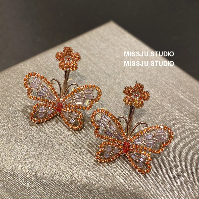 S925 Sterling Stud Earrings For Women Bride Orange Butterfly Dangle Appointment Accessories Fine Jewelry Drop Shipping