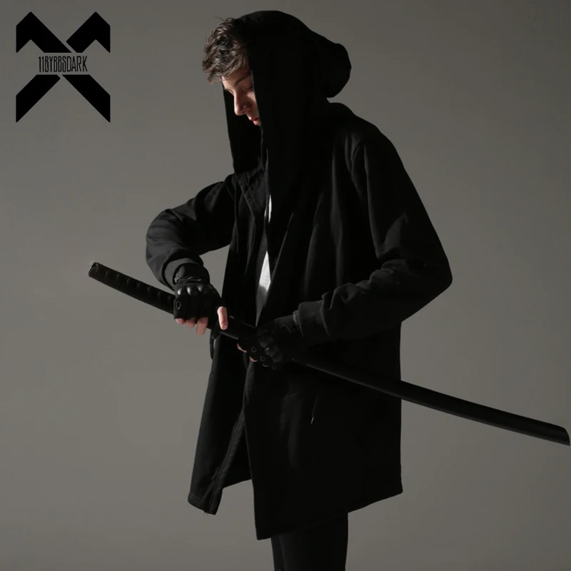 Black Hooded Wizard Trench Coat Windbreaker Men 2023 Spring Function Hoody Jacket Punk Streetwear Techwear