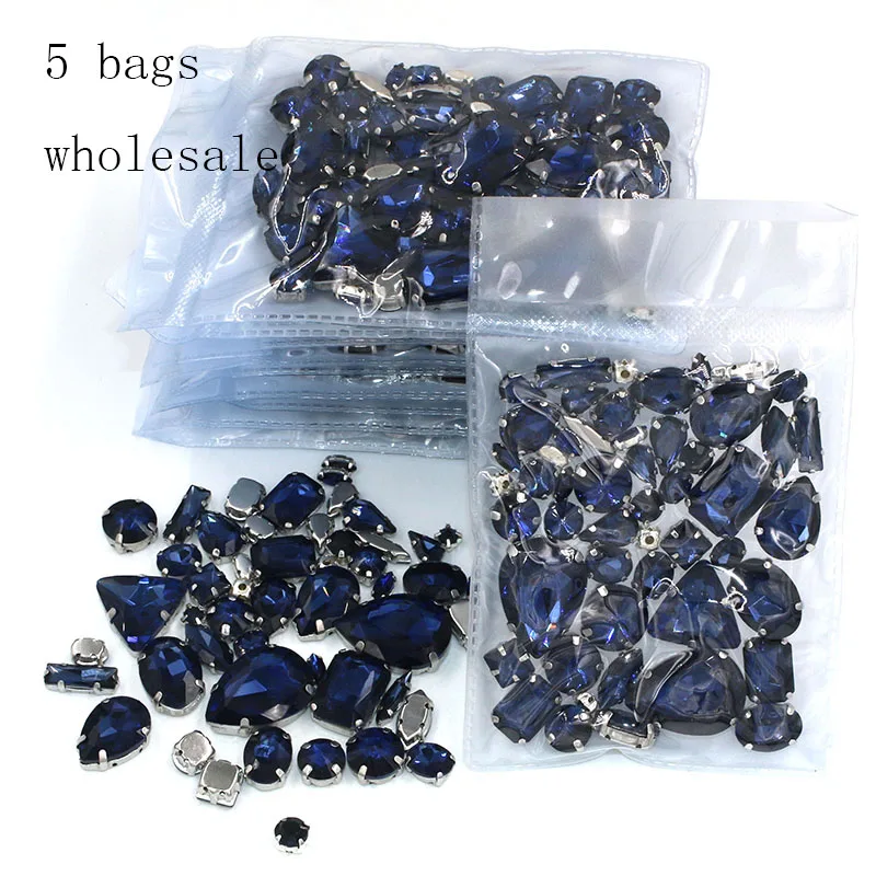 Clothing accessories  Wholesale 5 bags mixed shape glass crystal sliver base Ink-blue sew on rhinestones diy wedding dress