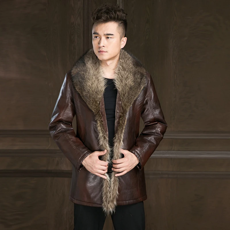 Russian Winter Men Leather Jacket New British Style Fox Fur Collar Thicken Leather Jacket Male Warm Outerwear Windbreaker Jacket